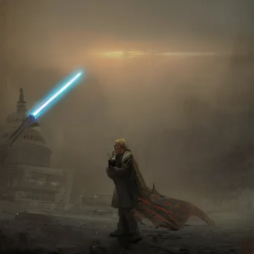 Image similar to Donald Trump as a jedi hero, capitol hill, post-apocalyptic, cinematic, atmospheric, highly detailed, artstation, wlop, stålenhag, Emanuel Leutze