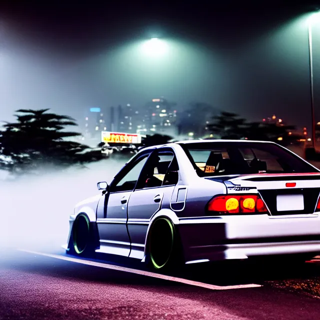 Image similar to a car JZX90 twin turbo drift at illegal car meet, Tochigi prefecture, city midnight mist lights, cinematic lighting, photorealistic, highly detailed wheels, high detail