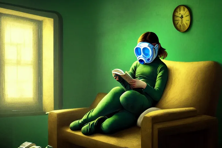 Image similar to girl with wearing a gas mask lying on the sofa reading a book in her room, in the style of dariusz zawadzki, solarpunk, exact anatomy, atmospheric, clean, intricate and epic composition, green by caravaggio, insanely quality, highly detailed, masterpiece, blue light, artstation, 4 k