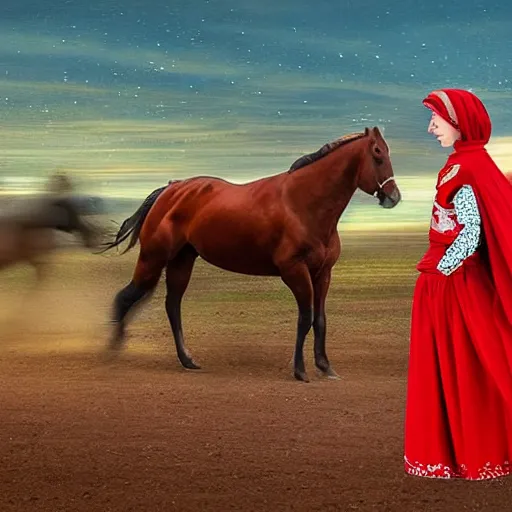 Prompt: The digital art shows the heroine riding on a magnificent red horse. She is clad in a traditional Russian folk costume, complete with a brightly-colored headscarf. Her face is pale and beautiful, with a look of resolve in her eyes. Behind her, the horse's hooves churn up the earth as they gallop across the countryside. In the distance, the dark forest looms, its trees reaching up into the sky. raypunk by Tim Walker sad