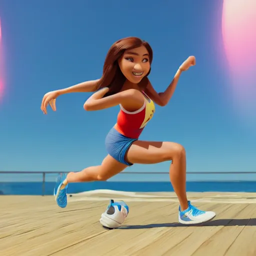 Image similar to young beautiful athletic Filipino woman with long hair posing, depicted as a Pixar character, high quality cg render, 4k