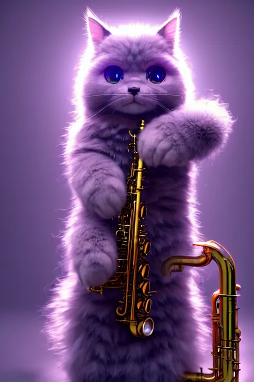 Image similar to high quality 3 d render very cute fluffy cyborg! cat plays saxophone, cyberpunk highly detailed, unreal engine cinematic smooth, in the style of blade runner & detective pikachu, hannah yata charlie immer, moody light, low angle, uhd 8 k, sharp focus