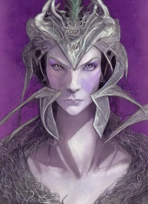 Prompt: portrait of young female prophetess of the endtimes, transluscent skin, silver filigreed armor, lavender hair, beautiful! coherent! dungeons and dragons character, by brian froud, strong line, cool night color, high contrast