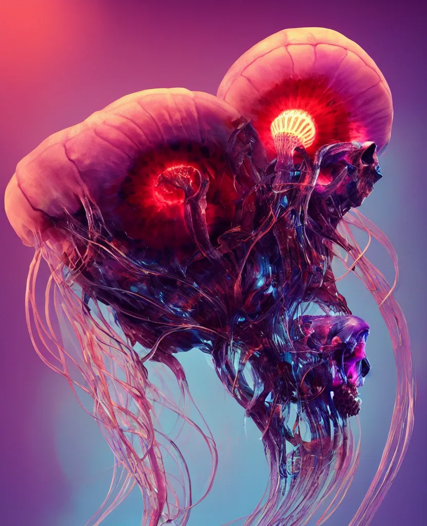 Image similar to goddess close-up portrait ram skull. jellyfish phoenix head, nautilus, orchid, skull, betta fish, bioluminiscent creatures, intricate artwork by Tooth Wu and wlop and beeple. octane render, trending on artstation, greg rutkowski very coherent symmetrical artwork. cinematic, hyper realism, high detail, octane render, 8k