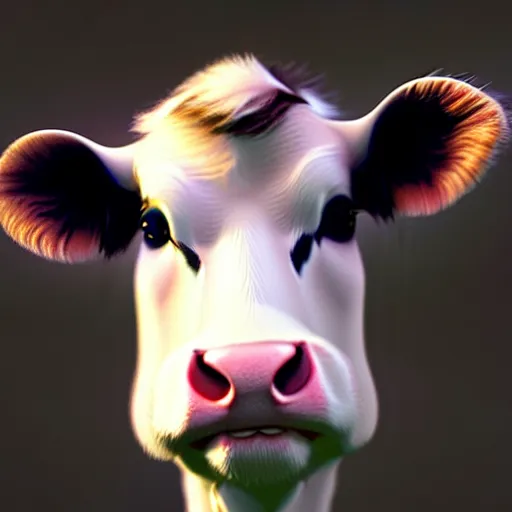 Image similar to very cute baby cow thinks about the cosmic multiverse, close up, anatomically correct, high detailed face, by ilya kuvshinov, greg rutkowski and makoto shinkai, trending on artstation