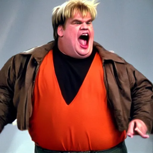 Prompt: Chris Farley goes super saiyan