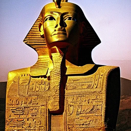 Image similar to a pharaoh that looks like donald trump, majestic, powerful, pyramids, anunaki, hieroglyphs, lush, rainforest, river, green, river god, wilbur smith, gold, trump tower