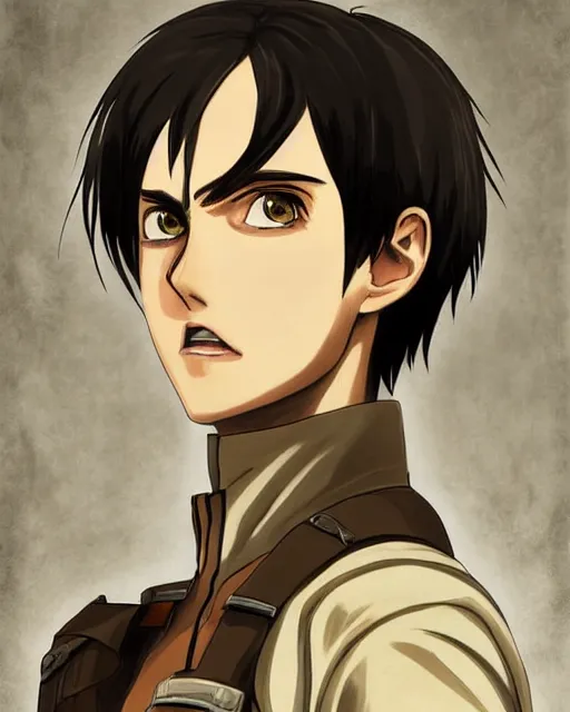 Prompt: eren jager from attack on titan, shingeki no kyojin season 4 with long air, beautiful oil painting portrait low angle, art in the style of djo maz, anna helme, gabrielle brickey on deviantart
