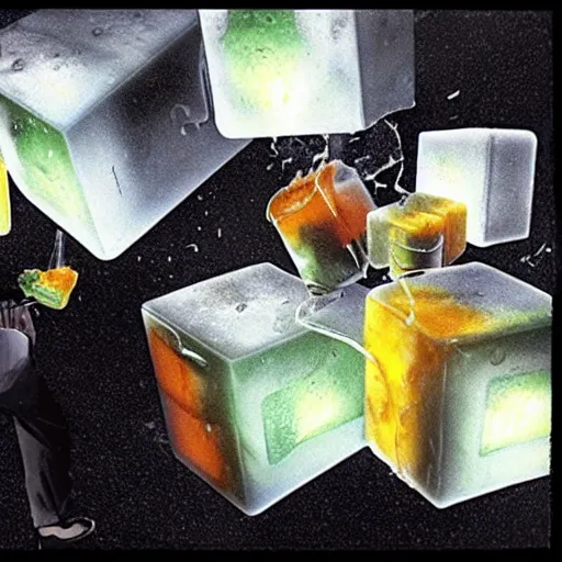 Image similar to gelatinous cubes being processed into magic items with the juice made from their bodies, d & d, dave mckean