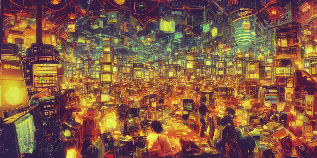 Image similar to beautiful schematic of traders in the new york stock exchange, by paul lehr and mark kolobaev, science fiction, mix of styles, highly detailed, intricate, studio ghibli color scheme, masterpiece, pointillism, abstract