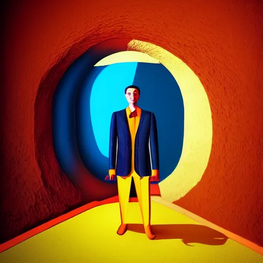 Prompt: ultra realistic portrait of cem yilmaz in a studio, ultra detailed, under blue, red and yellow cinematic lighting, salvador dali, cartoon, monument valley, escher