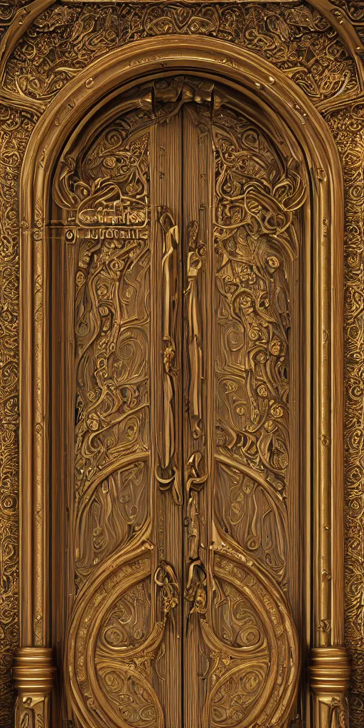 Image similar to an antique golden door with angelpunk style carvings, esoteric metalic design, dreamy, 8k, extreme detail, photorealistic, volumetric light, octane render, unreal engine, 16:9, ray tracing