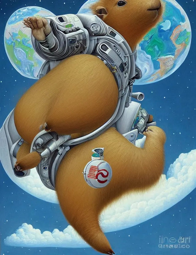 Image similar to beautiful detailed painting of a capybara in a spacesuit floating above earth by casey weldon by mark ryden by thomas blackshear