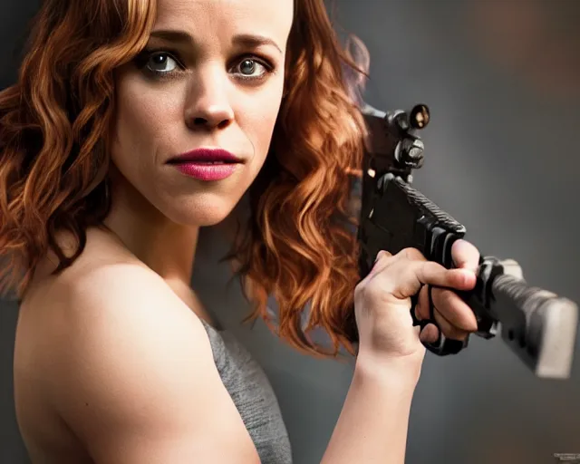 Image similar to Rachel McAdams in heroic pose with weapon, cinematic, 4k, hyper realistic, super detailed, colorful accents, purple hair, golden ratio, symmetrical face, highly detailed professional photo, centered, rim lights, vray caustics, hyper realistic