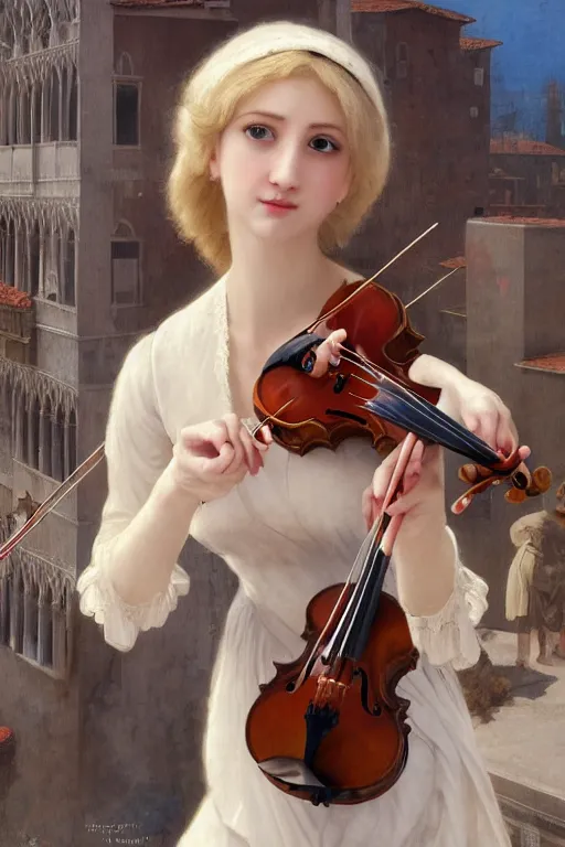 Image similar to beautiful blonde girl, expressively playing the violin, in a venetian outfit, illustration, manga, on the roof of a burning building, highly detailed, artstation, illustration, jurgens, rutkowski, bouguereau, canon eos r 3