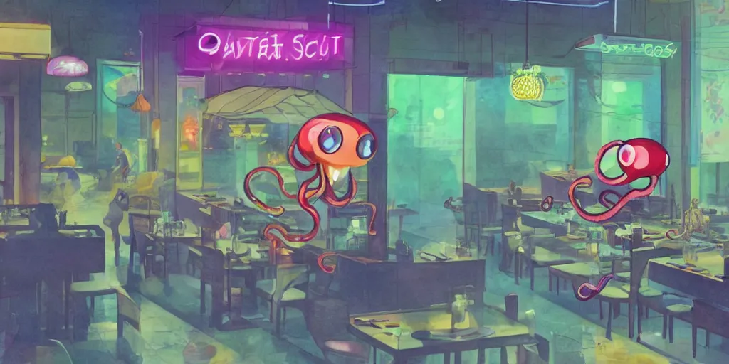 Image similar to concept photo highly detailed rendering of, a giant translucent colorful octapus stealing all the knives from a sushi restaurant at 3 am in the morning, humorous and weird, dramatic cinematic lighting