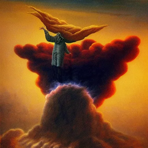 Prompt: Donald Trump, flying in the sky menacingly amongst the clouds, painted by Beksinski