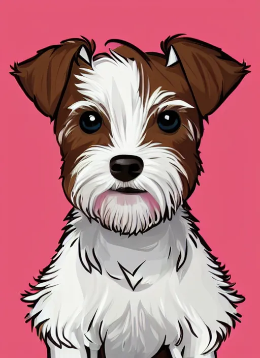 Image similar to a very cute wire haired jack russell terrier puppy. he is white with brown spots and brown patches over both eyes. clean cel shaded vector art. shutterstock. behance hd by lois van baarle, artgerm, helen huang, by makoto shinkai and ilya kuvshinov, rossdraws, illustration, art by ilya kuvshinov