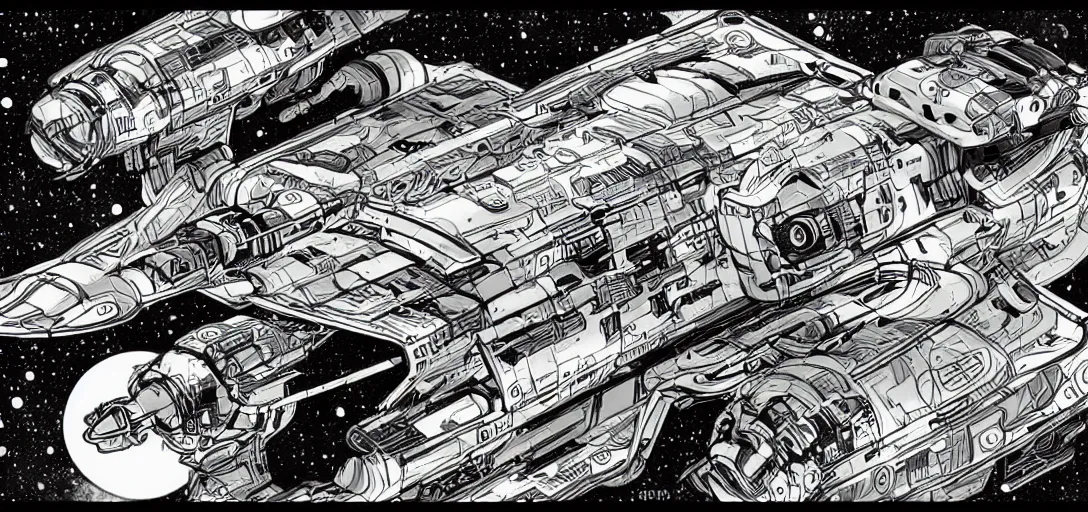 Image similar to Capsule SpaceShip by Sergio Cruz in the graphic style of Tim Shumate, detailed art, trending on Artstation, sharp focus, comic art