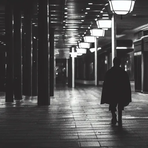 Image similar to a samurai walks alone through a mall at night, gloomy, dark, foggy, night, ominous, dark color, atmospheric, cinematic lighting, intricate detail?