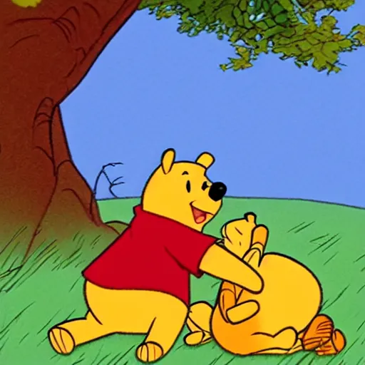 Image similar to winnie the pooh dying, in the style of winnie the pooh cartoon