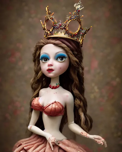 Image similar to closeup face profile portrait of a tin toy fairytale princess wearing a crown eating cakes, bikini, depth of field, zeiss lens, fashion photoshoot by nicoletta ceccoli, mark ryden, lostfish, breathtaking, detailed and intricate environment, 8 k resolution, extremely detailed, beautiful, establishing shot, artistic, hyperrealistic, octane render