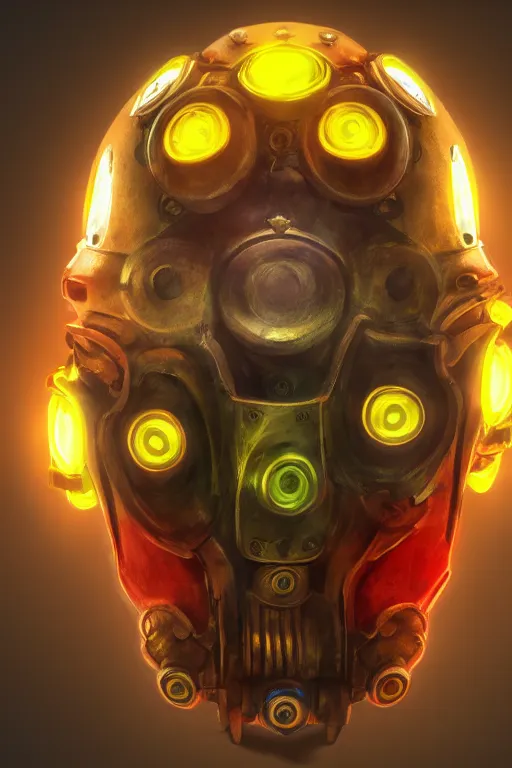 Image similar to colorful vivid steampunk mask minimalist fantasy art robot ninja helmet, global illumination ray tracing hdr fanart arstation by sung choi and eric pfeiffer and gabriel garza and casper konefal radiating a glowing aura