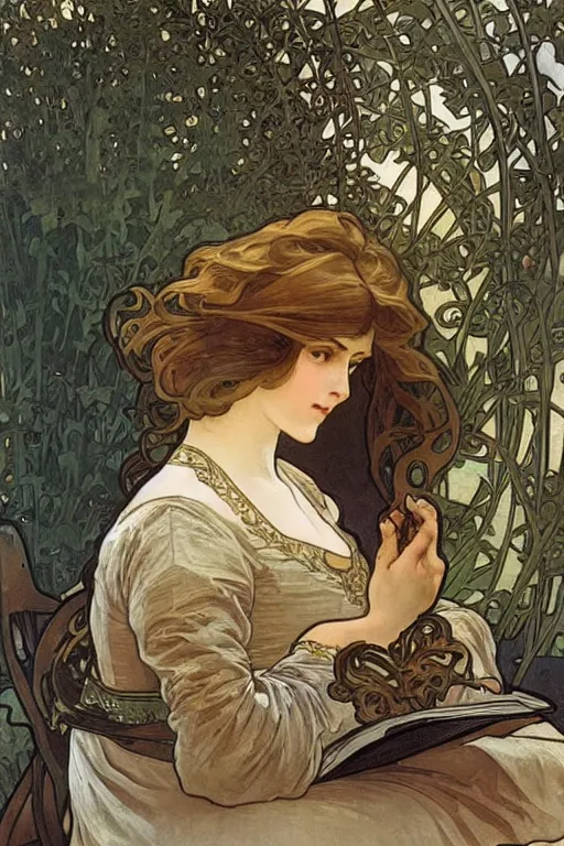 Prompt: a woman with light brown hair and glasses sits reading with a background of books. beautiful painting by alphonse mucha, beautiful detailed face.