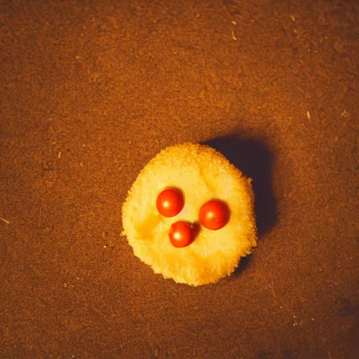 Image similar to happy chicken nugget resting on a cloud, dramatic lighting, high contrast