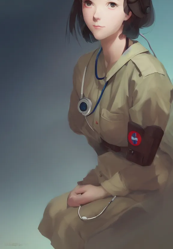 Prompt: a portrait of a tired female nurse in world war 2, 1 9 4 0 setting, vivid colors, soft lighting, atmospheric, cinematic, moody, in the style of ilya kuvshinov and range murata, krenz cushart, rule of thirds, oil on canvas, 8 k