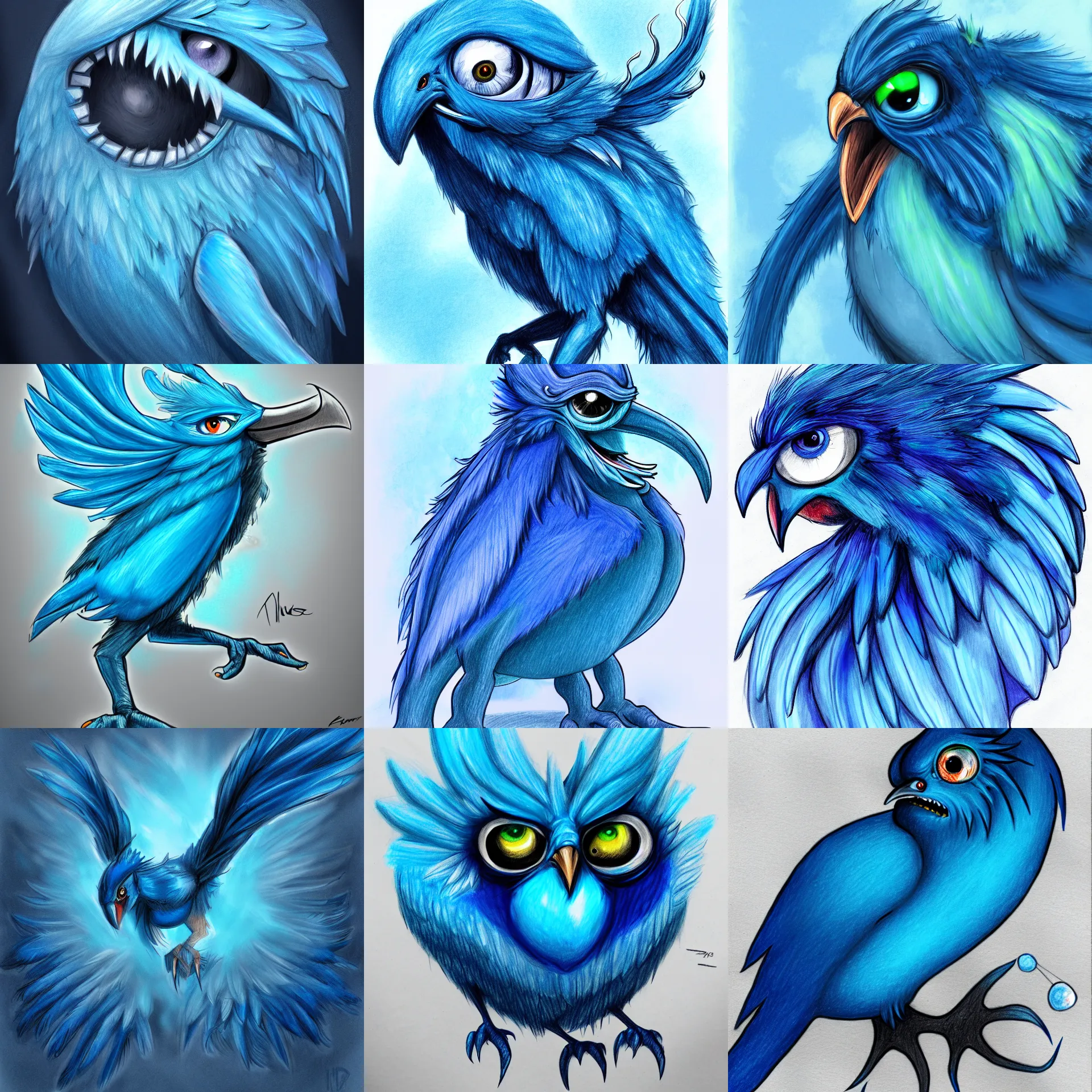 Prompt: a drawing of a monsterous blue bird with 4 eyes and menacing beak, monster concept art, deviantart contest winner, fantasy art, iridescent feathers, speedpainting