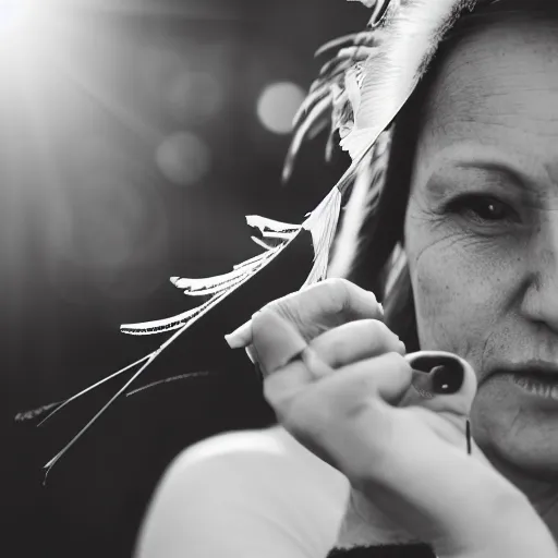 Image similar to black and white photo of a lady blowing feathers from the palm of her hand, low depth of field