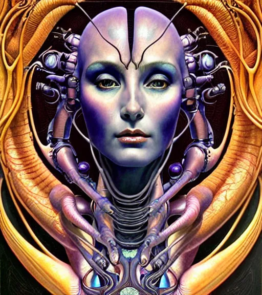 Prompt: detailed realistic beautiful young cher alien robot as queen of andromeda galaxy portrait by marco mazzoni, art nouveau, symbolist, visionary, baroque, giant fractal details. horizontal symmetry by zdzisław beksinski, iris van herpen, raymond swanland and alphonse mucha. highly detailed, hyper - real, beautiful