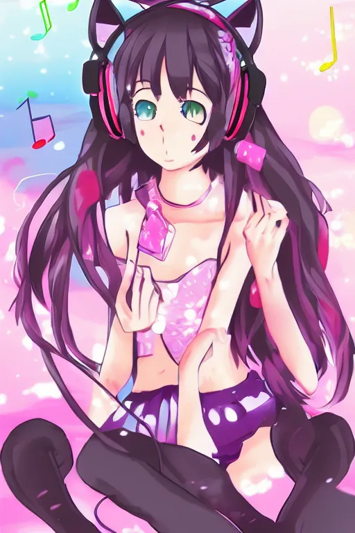 Image similar to an anime catgirl listening to music on headphones, candy pastel, backlighting, trending on pixiv