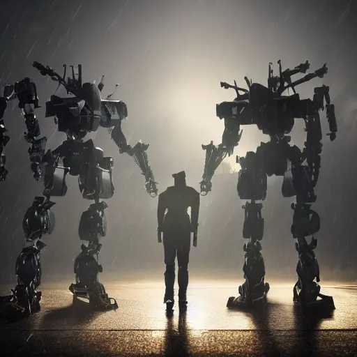 Image similar to 2 mecha warriors battling each other in heavy rain, ground fog, lighting, moody lighting, 8 k, shallow depth of field, cinematic lighting,