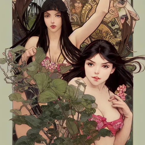 Image similar to dark-haired beauty in bikini styles by artgerm and greg rutkowski and alphonse mucha and J. C. Leyendecker and Edmund Blair Leighton and Katsuhiro Otomo and Geof Darrow and Phil hale and Ashley wood and Ilya repin and Charlie Bowater