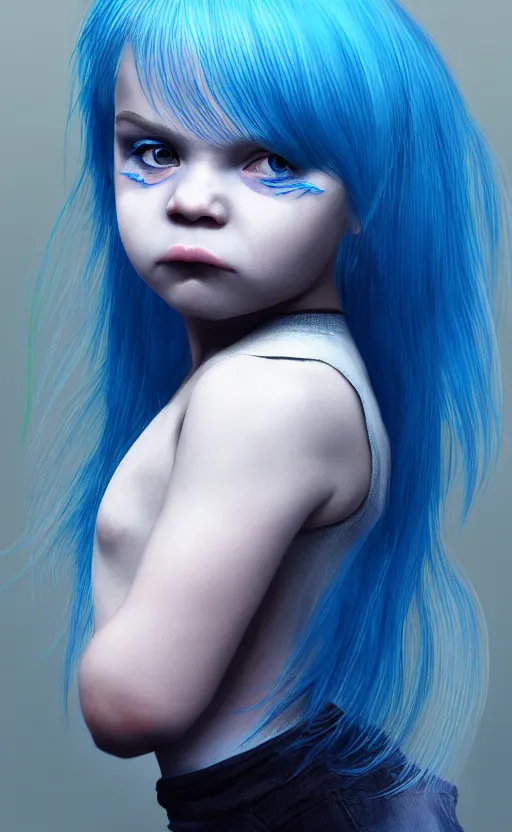 Prompt: little angry girl with blue hair, by Ilya Bondar, 4k, digital art, ultra realistic, ultra detailed, concept art, trending on artstation