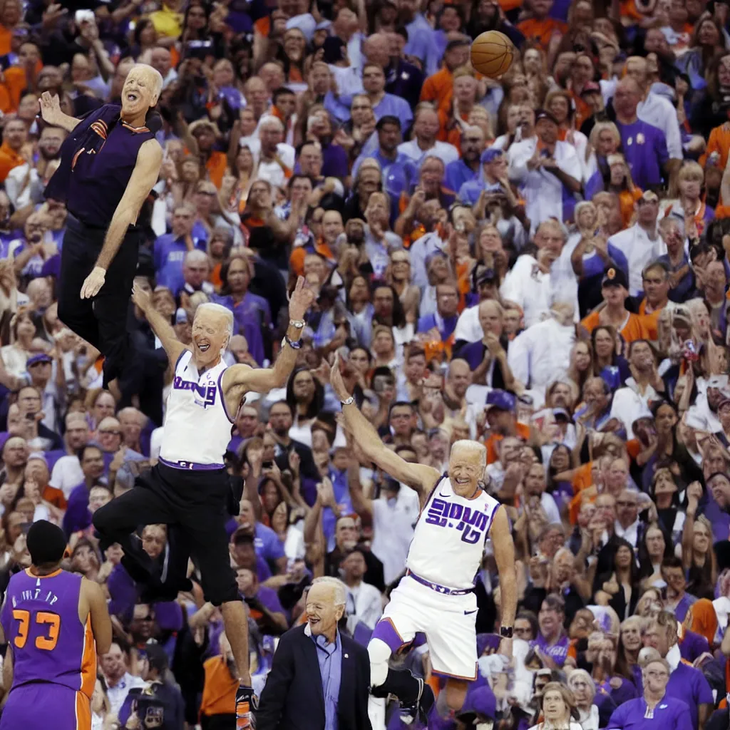 Prompt: joe biden playing on the phoenix suns, joe biden slam dunk nba, sports photography, photo by associated press