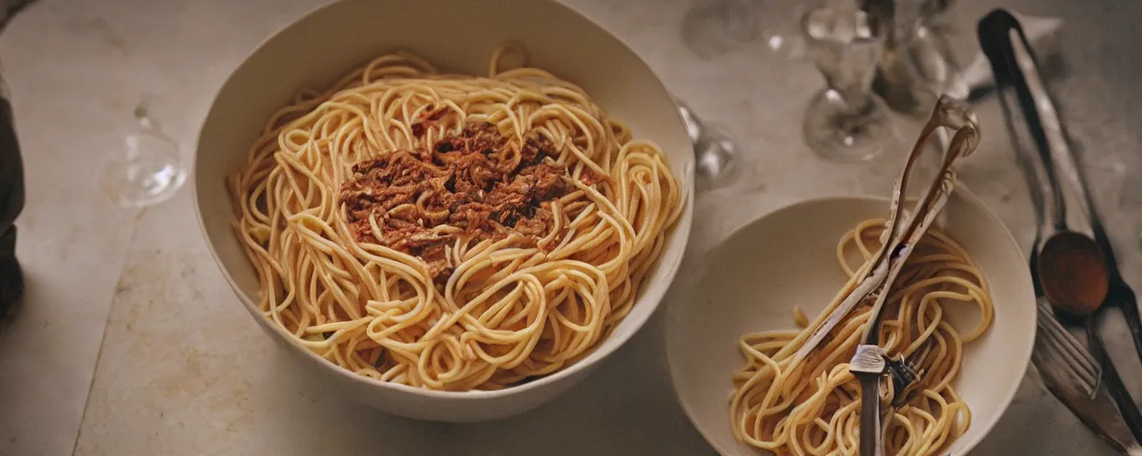 Image similar to the largets bowl of spaghetti in history, small details, intricate, canon 5 0 mm, wes anderson film, kodachrome