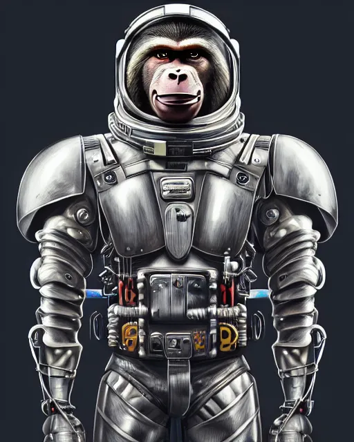 Image similar to a portrait of a muscular anthropomorphic cyberpunk baboon in spacesuit armor with ensignia on chest plate by sandra chevrier, by jon foster, detailed render, pistol in holster, extremely hyperdetailed, tape deck, epic composition, cybernetics, 4 k realistic, cryengine, realistic shaded lighting, sharp focus, masterpiece, by enki bilal