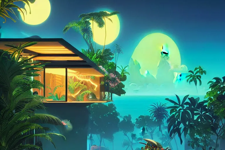 Image similar to a luminescent tropical cottage by paolo eleuteri serpieri and tomer hanuka and chesley bonestell and daniel merriam and tomokazu matsuyama, unreal engine, high resolution render, featured on artstation, octane, 8 k, highly intricate details, vivid colors, vector illustration