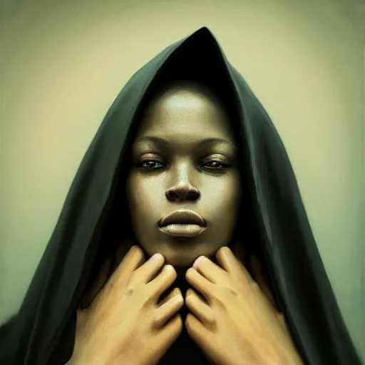 Image similar to a portrait of a young black woman wearing a long dark cloak, hood and shadows covering face, anatomically correct, beautiful perfect face, enigmatic, oil painting, matte painting, black background, Volumetric dynamic lighting, Highly Detailed, Cinematic Lighting, Unreal Engine, 8k, HD, by Beksinski