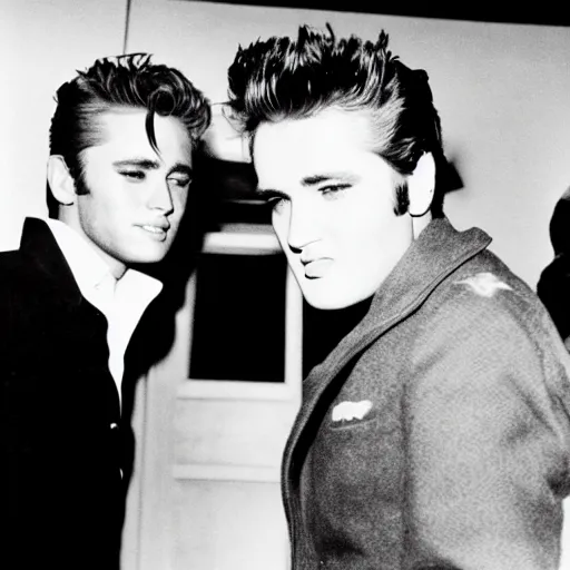 Prompt: james dean and elvis presley leaving a hotel together