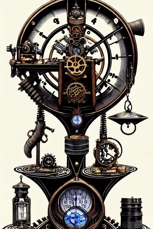 Image similar to a steampunk alchemists ancient balance scale, furniture, high details, bold line art, by vincent di fate and joe fenton, inking, etching, screen print, masterpiece, trending on artstation, sharp, high contrast, hyper - detailed,, hd, 4 k, 8 k