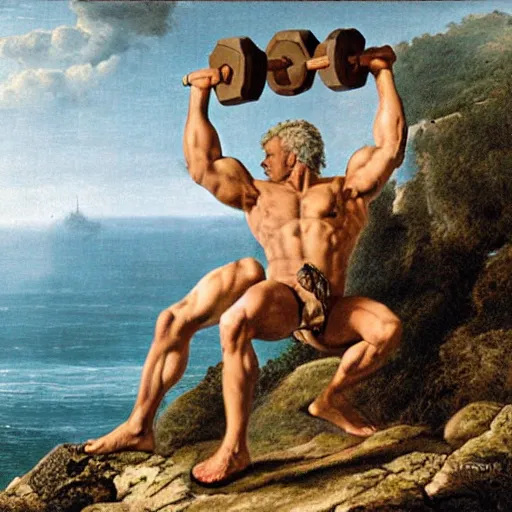 Prompt: professional photograph of shirtless muscular Arthur Schopenhauer lifting weights on a cliff, 8k, dslr, very intricate, very detailed,