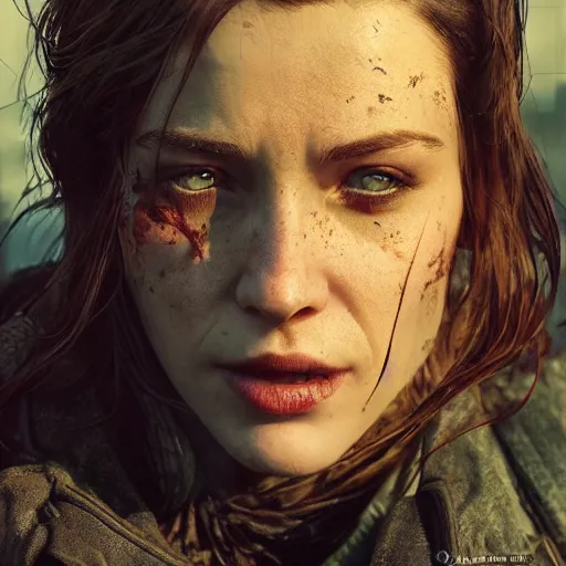 Image similar to fallout 5, charismatic beautiful rugged brunette female protagonist, portrait, outdoors low density urban environment, atmospheric lighting, painted, intricate, volumetric lighting, beautiful, daytime, sunny weather, slight overcast, sharp focus, deep colours, ultra detailed, by leesha hannigan, ross tran, thierry doizon, kai carpenter, ignacio fernandez rios