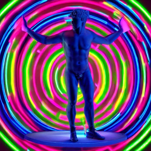 Image similar to a renaissance statue surrounded by a 3 d neon circle, 3 d render, black background, ray tracing, 8 k resolution, sharp focus, hyper detailed, hyper realistic