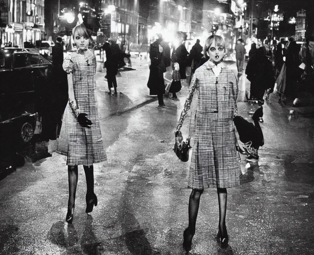 Image similar to 1960s fashion photography of twiggy in a checkered dress on the streets of London photographed by Annie Leibovitz, nighttime!!, flash photography, raining!, colorful, photorealistic, atmospheric,