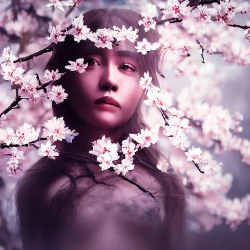 Prompt: masterpiece closeup portrait of a female angel with a dark armour a surreal landscape with Sakura blossoms, cinematic lighting, Jayison Devadas style, 8k