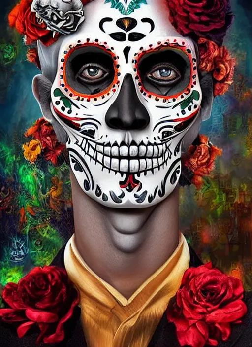 Prompt: dia de los muertos hombre theme surrealist art in the styles of igor morski, jim warren, and a tim burton film, intricate, masculine, hyperrealistic, accurate facial details, profile picture with chromakey!!!!! background, volumetric lighting